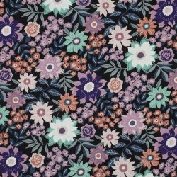 Baumwollpopeline magische Blumen - schwarz