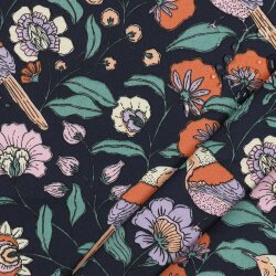 Beschichtete Baumwolle Blumen und Vögel - nachtblau