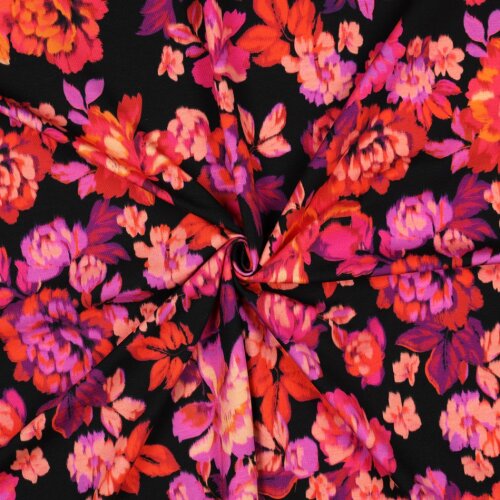 Baumwolljersey Digital Blumen - schwarz