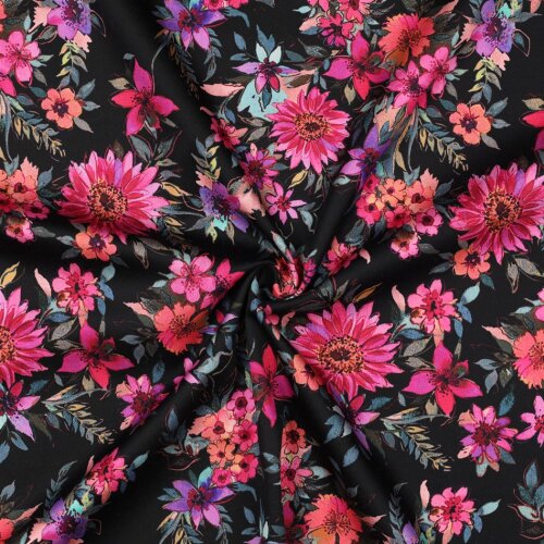 Baumwollstoff SATIN Digital Blumen - schwarz