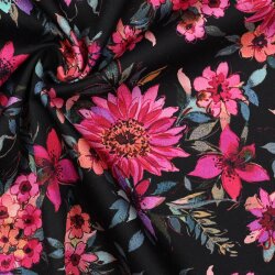 Baumwollstoff SATIN Digital Blumen - schwarz