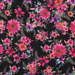 Baumwollstoff SATIN Digital Blumen - schwarz