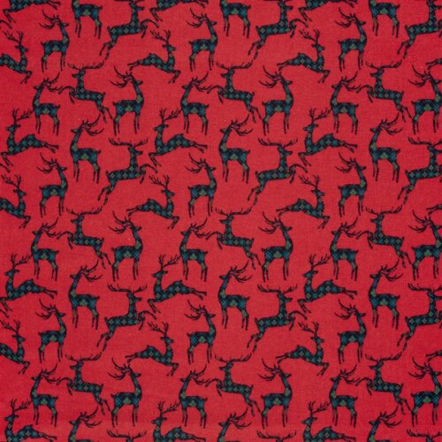 Baumwollflanell karierte Hirsche - rot/grün