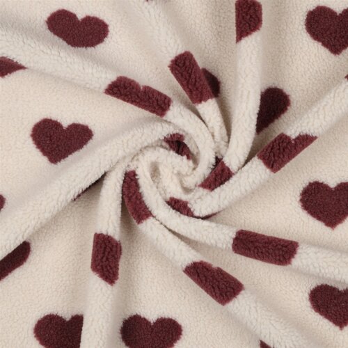 Teddystoff dunkelrote Herzen - creme