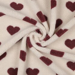Teddystoff dunkelrote Herzen - creme