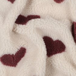 Teddystoff dunkelrote Herzen - creme