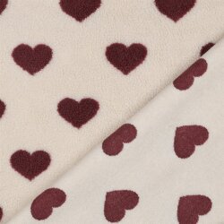 Teddystoff dunkelrote Herzen - creme