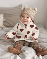Teddystoff dunkelrote Herzen - creme