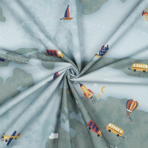Feine Baumwollpopeline Digital ADVENTURE MAP - LIGHT BLUE