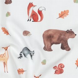 Feine Baumwollpopeline Digital FOREST Tiere - weiß