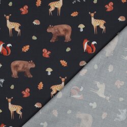 Feine Baumwollpopeline Digital FOREST Tiere - dunkelblau