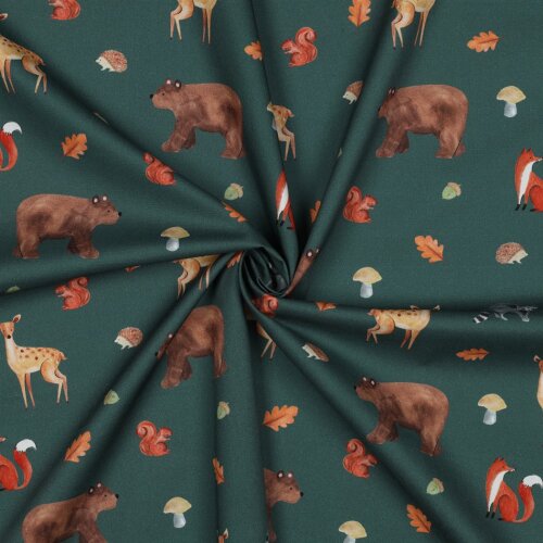 Feine Baumwollpopeline Digital FOREST Tiere - DARK GREEN