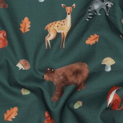 Feine Baumwollpopeline Digital FOREST Tiere - DARK GREEN