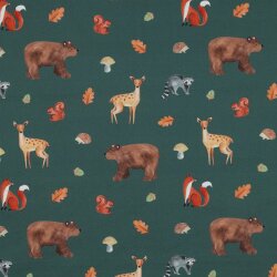 Feine Baumwollpopeline Digital FOREST Tiere - DARK GREEN