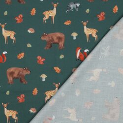 Feine Baumwollpopeline Digital FOREST Tiere - DARK GREEN