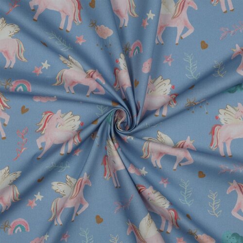 Feine Baumwollpopeline Digital UNICORNS - LIGHT BLUE