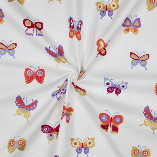 Feine Baumwollpopeline GLITTER BUTTERFLIES - weiß