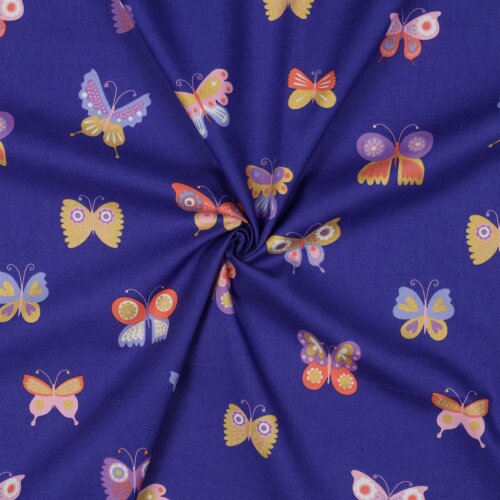Feine Baumwollpopeline GLITTER BUTTERFLIES - COBALT