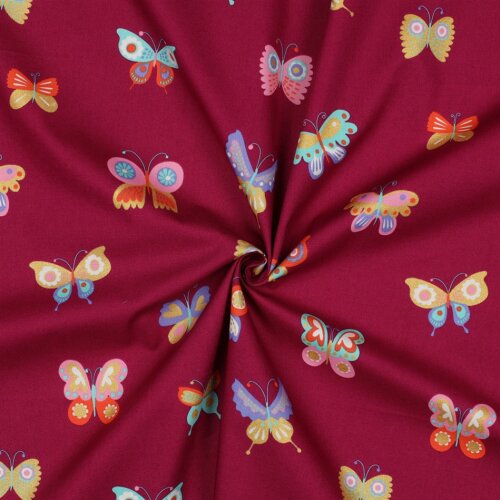 Feine Baumwollpopeline GLITTER BUTTERFLIES - FUCHSIA