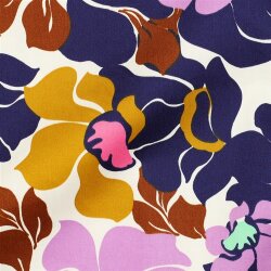 Baumwollsatin bunte Blüten - dunkelblau/pink