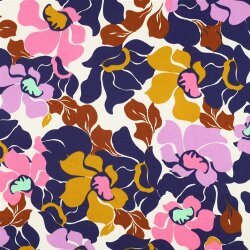 Baumwollsatin bunte Blüten - dunkelblau/pink