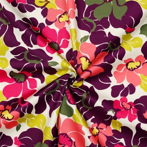Baumwollsatin bunte Blüten - dunkellila/lachs