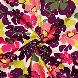 Baumwollsatin bunte Blüten - dunkellila/lachs