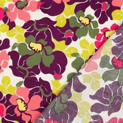 Baumwollsatin bunte Blüten - dunkellila/lachs