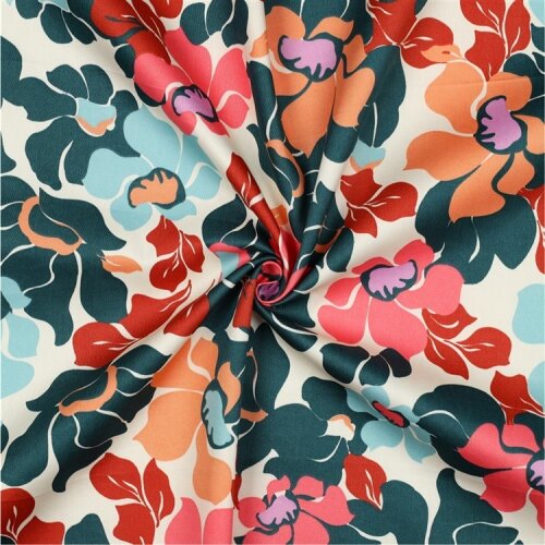 Baumwollsatin bunte Blüten - dunkelgrün/pfirsich