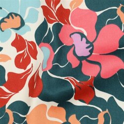 Baumwollsatin bunte Blüten - dunkelgrün/pfirsich