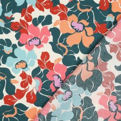 Baumwollsatin bunte Blüten - dunkelgrün/pfirsich