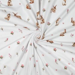 Baumwolljersey Digital Hasen und Blumen - weiß