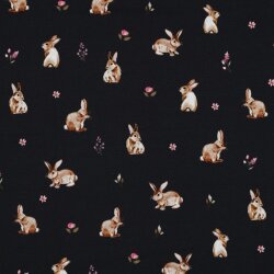 Baumwolljersey Digital Hasen und Blumen - dunkelblau