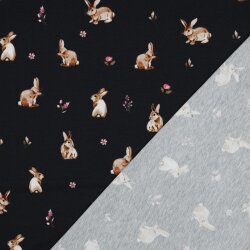 Baumwolljersey Digital Hasen und Blumen - dunkelblau