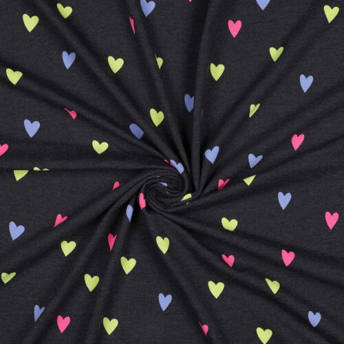 Baumwolljersey Neon Herzen - indigo meliert