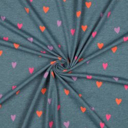 Baumwolljersey Neon Herzen - rauchblau meliert