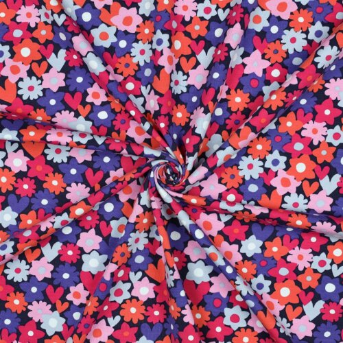 Baumwolljersey Blumenmeer - blau/rot
