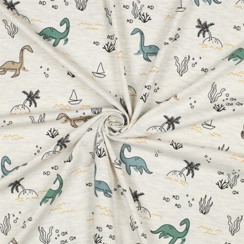 Baumwolljersey Wasser Dinos - creme meliert