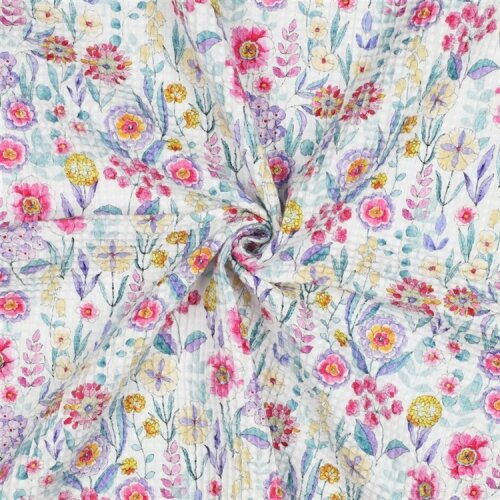 Waffelpiqué Digital AquarellBlumen - weiss