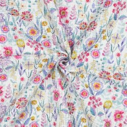 Waffelpiqué Digital AquarellBlumen - weiss