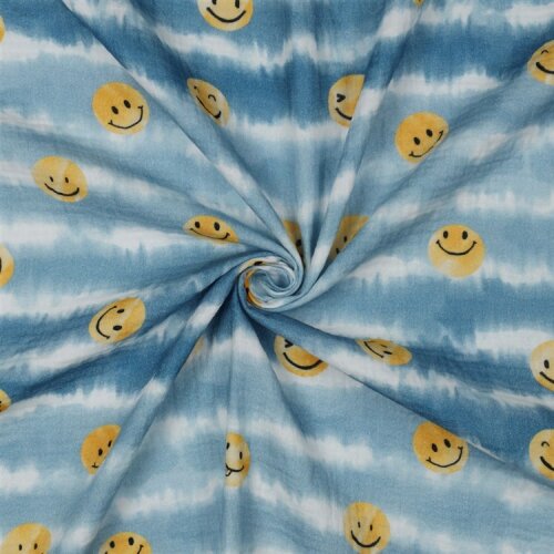 Musselin Digital HAPPY FACES - jeansblau