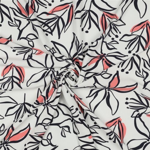 Polyesterjersey Blumen - weiß