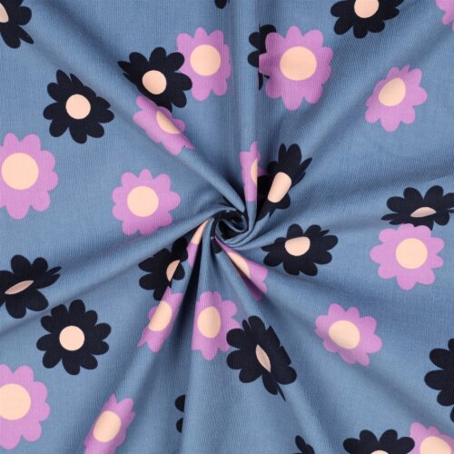 Feincord bunte Blumen - helljeansblau
