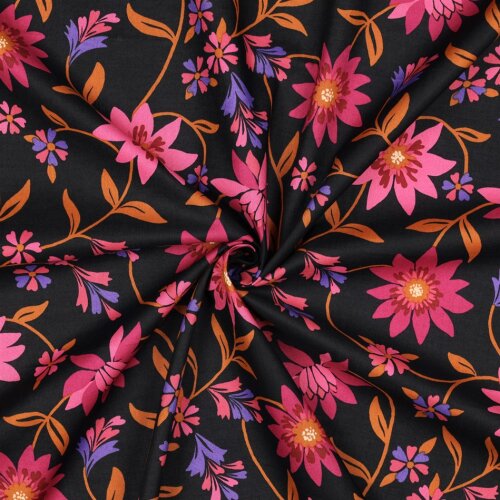 Baumwollvoile Blumen - schwarz