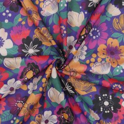Baumwoll Voile Digital bunte Blüten - kobaltblau