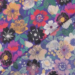 Baumwoll Voile Digital bunte Blüten - kobaltblau