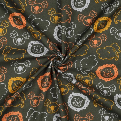 Feine Baumwollpopeline SAFARI Tiere - DARK GREEN