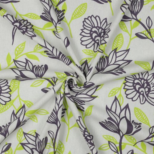 Leinen Viskose Blumen - grau/limette