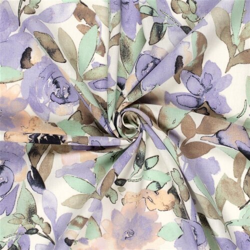 Polyesterstoff mit Leinenoptik Aquarellblumen - creme