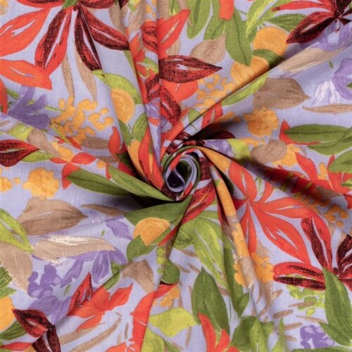 Polyesterstoff mit Leinenoptik Blumen - helllila